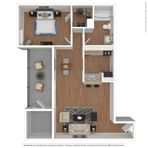 a stylized floor plan with a bedroom and a living room